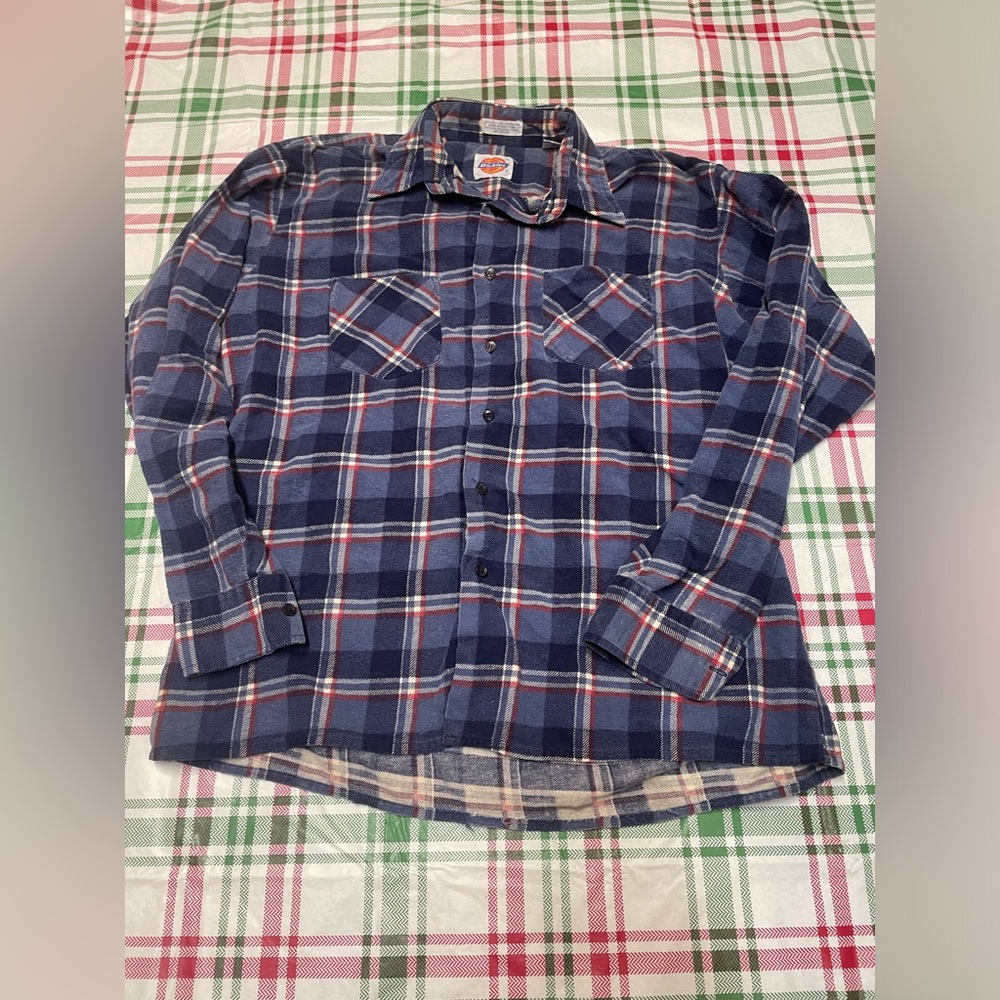 Dickies Flannel Button Shirt Mens L Blue Red White Workwear Plaid Vintage